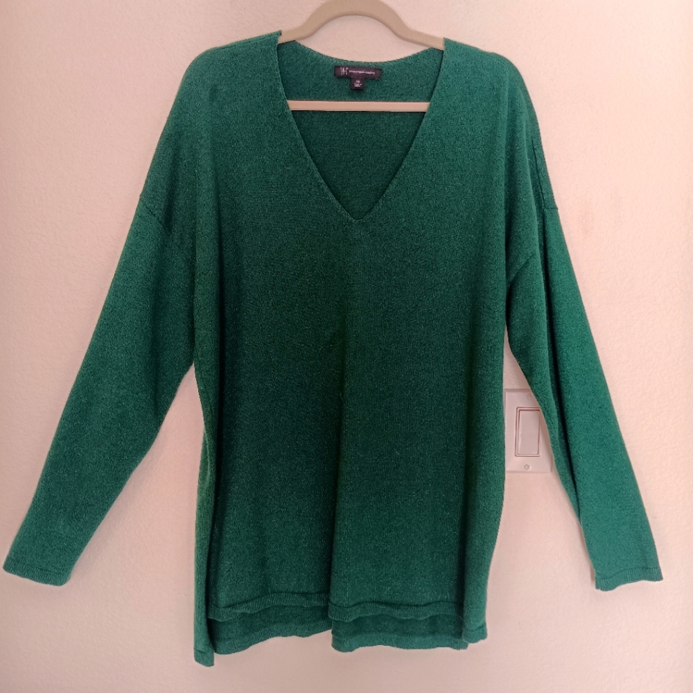 INC Sweater‎ Women's Size XXL Green V-Neck Pullover Shimmer Long Sleeve Loose